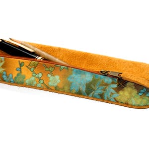Pencil case  Pen bag  Pouch LEATHER & FABRIC diagonal black green gold UNIQUE