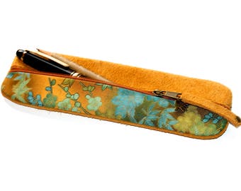 Pencil case leather & japanese fabric gold UNIQUE