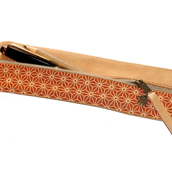 Elegant pencil case leather & fabric orange JAPAN