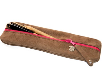 Light brown leather pencil case · soft suede · small · pink zipper · handmade pencil case · gift for students