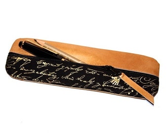 Pencil case pouch pencil case gold leather  & fabric with gold writing on black fabric UNIQUE