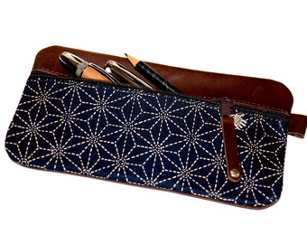 Pencil Case LEATHER & Fabric Asanoha Dark Blue JAPANESE UNIQUE 