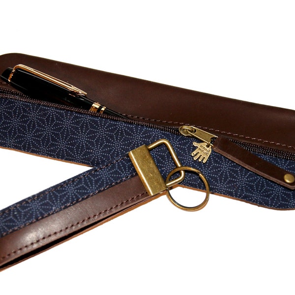 Highly elegant pencil case leather & fabric ASANOHA