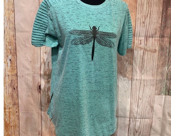 Hand Printed Upcycled Medium Dragonfly Short Sleeve Cotton Blend Mint Green Tee