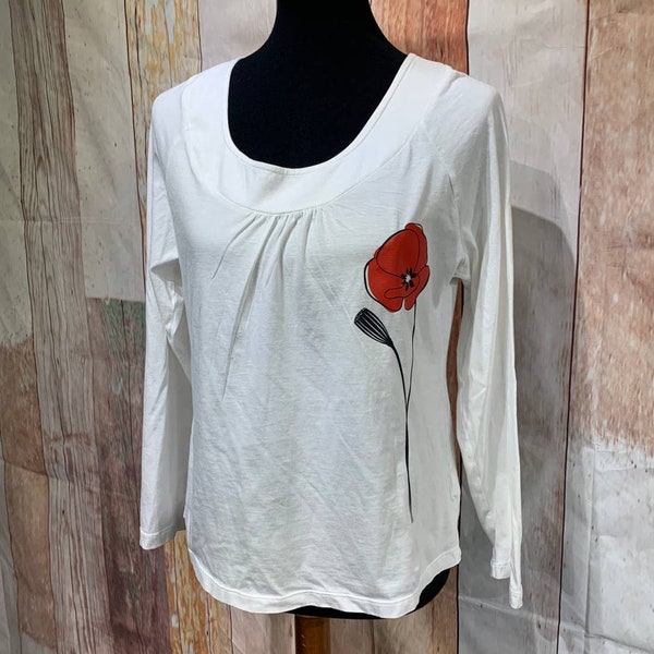 Hand Printed Upcycled Womens Petite Large Red Poppy Flower Pima Cotton T-Shirt