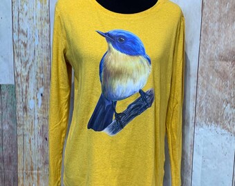 Upcycled Hand Printed XL Yellow Bluebird Ukraine Artist Fundraiser Bird Tee