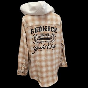 New Hand Printed Womens Small Redneck Yacht Club Long Sleeve Flannel Hoodie