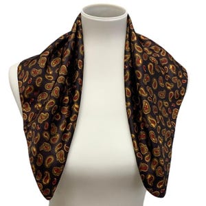 Vintage Womens Silky Square Paisley Floral Black Gold Fashion Scarf