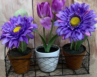 Adorable Faux Flower Purple Daisy Tulip Potted Plant Wire Basket Window Display