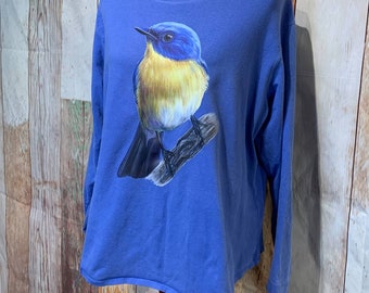 Upcycled Hand Printed 1X Yellow Bluebird Ukraine Artist Peace Fundraiser Tee