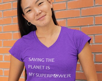 Hand Printed Upcycled XL Saving the Planet is My Superpower Short Sleeve Tee