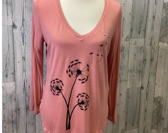 Hand Printed Upcycled Medium Dandelion Make a Wish V-Neck Long Sleeve Tee Shirt