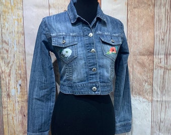 Hand Printed Upcycled Small Flower Denim Button Up Cropped Jean Jacket