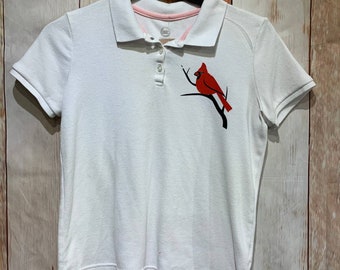 Hand Printed Upcycled Kids Large (10/12) Cotton Blend Cardinal Bird Polo Shirt