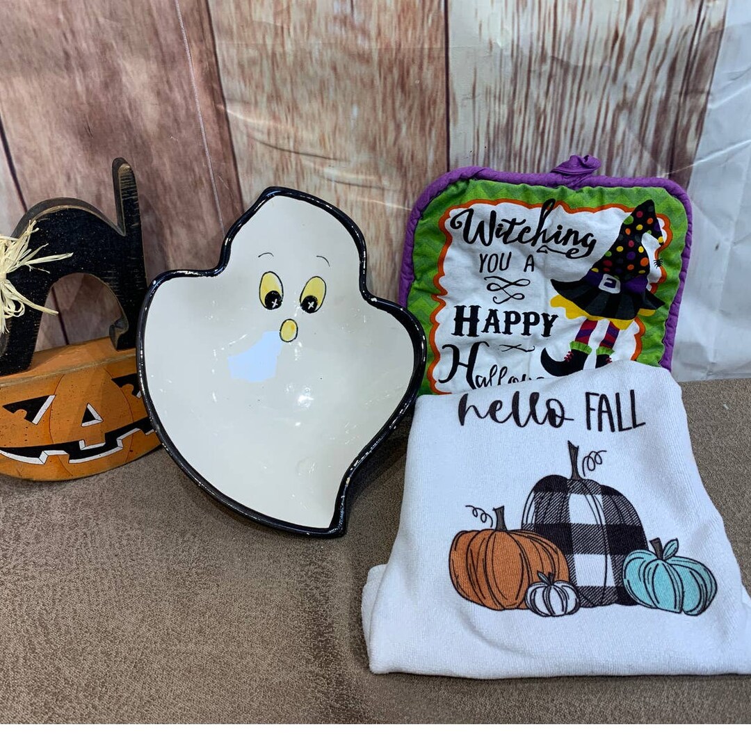 Halloween Decor Ghost Candy Dish Wood Pumpkin Towel Potholder Etsy