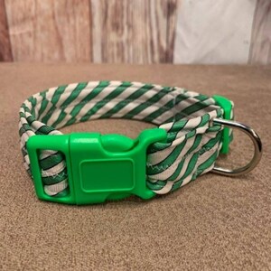 New Handmade adjustable upcycled neck tie green white striped dog collar