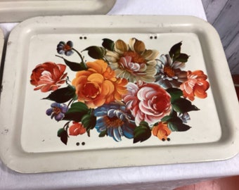 Set of 3 Vintage Roses Floral Bouquet Painted Metal TV Tray Tops NO Legs