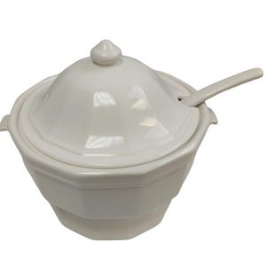 White Ceramic Soup Tureen Bowl W Notched Lid and Serving Spoon Ladle