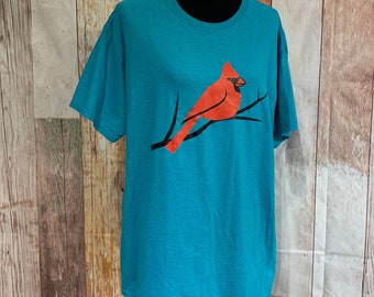 Hand Printed Upcycled XL Cardinal Bird Short Sleeve Cotton Crew Neck Tee T-Shirt