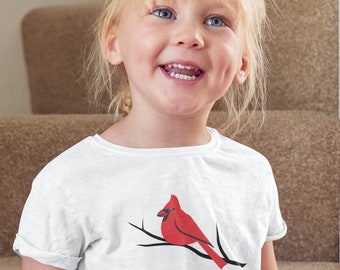 Hand Printed Upcycled Child XS 4 Red Cardinal Bird Short Sleeve 100% Cotton Tee