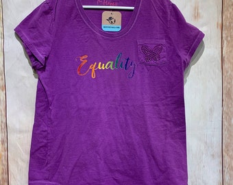 Hand Printed Upcycled Child XL Equality Rainbow Pride Sparkle Butterfly Tee