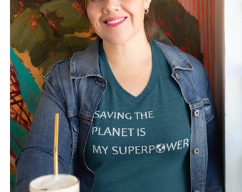 Hand Printed Upcycled 2X Saving the Planet is My Superpower V-Neck Long Top