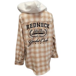 New Hand Printed Womens Large Redneck Yacht Club Long Sleeve Flannel Hoodie
