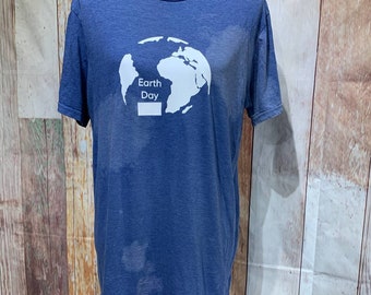 Earth Day Medium Hand Printed Upcycled PolyCotton Rustic Bleached Short Slv Tee