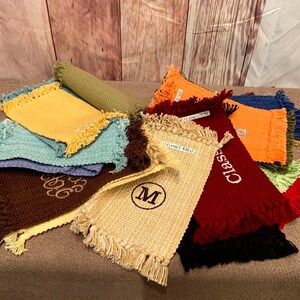 Lot of 21 multi-colored woven fringed fabric swatches samples - knotted mini-rugs for doll houses and other crafts