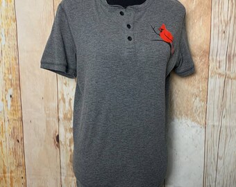 Handmade Upcycled Medium Cardinal Short Sleeve Cotton Blend 1/4 Button Soft Top