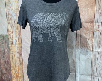 Earth Day Small Royal Elephant Hand Printed Upcycled Cotton Blend Short Slv Tee