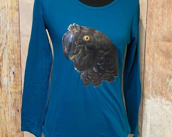 Upcycled Hand Printed Medium Black Parrot Bird Ukraine Artist Fundraiser Tee