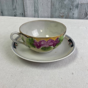 Vintage Hand Painted Nippon Japanese Floral Porcelain Teacup W Saucer