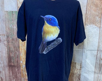 Upcycled Hand Printed 2XL Yellow Bluebird Ukraine Artist Peace Fundraiser Tee