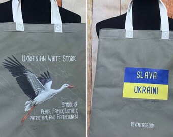 Upcycled Hand Printed Ukraine Flag Stork Peace Slava Ukraini Artist Tote Bag