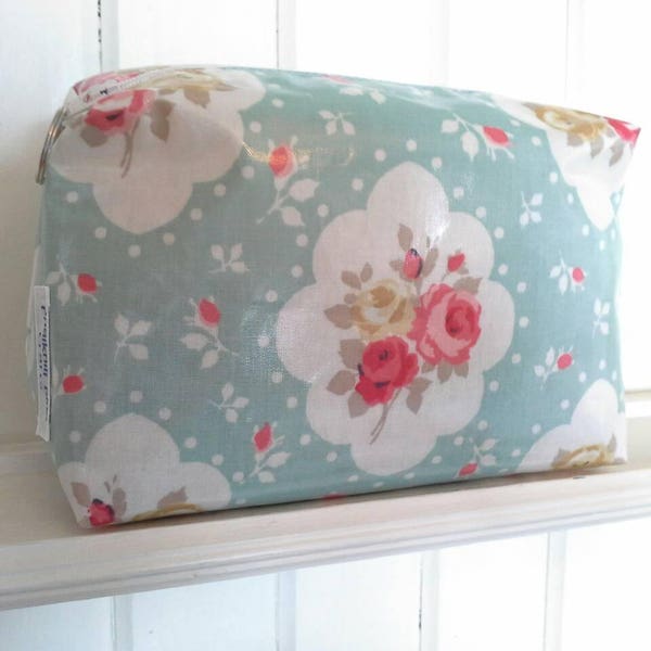 Red rose floral Oilcloth large make up / washbag. Toiletry bag.