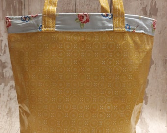 Yellow Geometric design Oilcloth Tote Bag. Ochre Oilcloth Book bag. Yellow Oilcloth Shopper