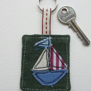 Fabric Applique Sailboat Keyring, Nautical Gift