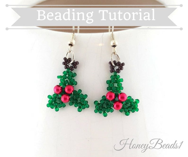 PDF-file Beading Pattern Holly Christmas Earrings PDF-file Beading Tutorial by HoneyBeads1 image 1