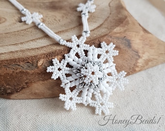 Snowflake Beading Pattern, Superduo Beaded Snowflake, Beadwork Necklace, 'Frosty Lace', PDF-file, Christmas Beading Tutorial, by HoneyBeads1