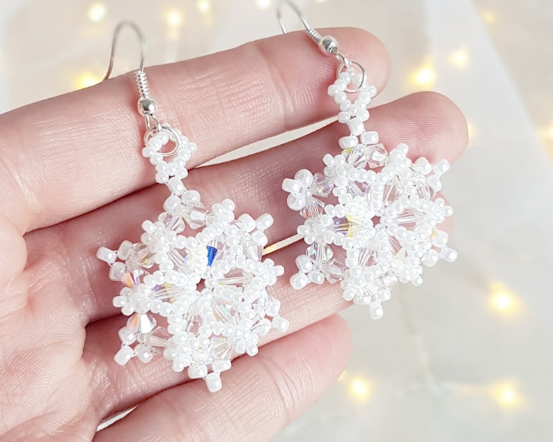 Snowflake earrings, Beading Pattern, Christmas Jewelry, Swarovski bicones, 'Let it Snowflake' Earrings, Beading Tutorial, by HoneyBeads1 image 5
