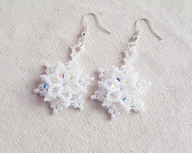 Snowflake earrings, Beading Pattern, Christmas Jewelry, Swarovski bicones, 'Let it Snowflake' Earrings, Beading Tutorial, by HoneyBeads1 image 7