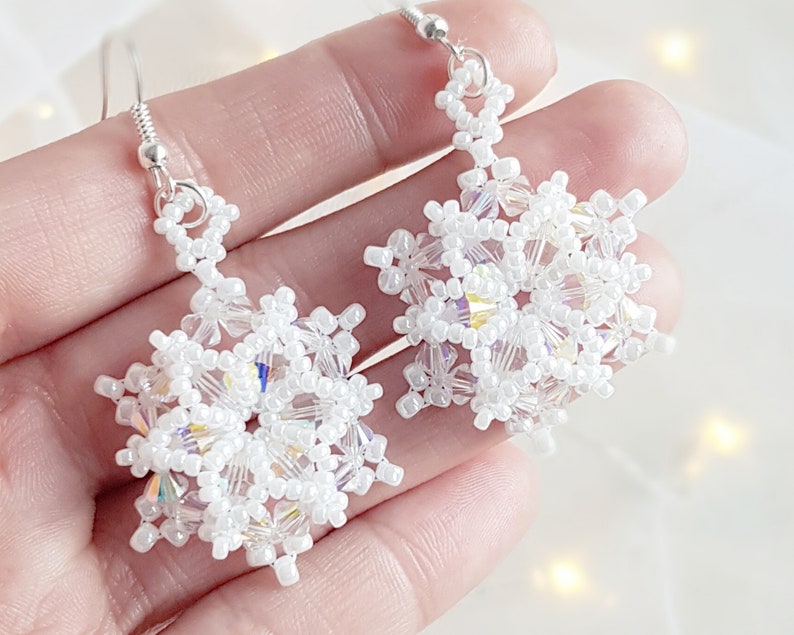 Snowflake earrings, Beading Pattern, Christmas Jewelry, Swarovski bicones, 'Let it Snowflake' Earrings, Beading Tutorial, by HoneyBeads1 image 3