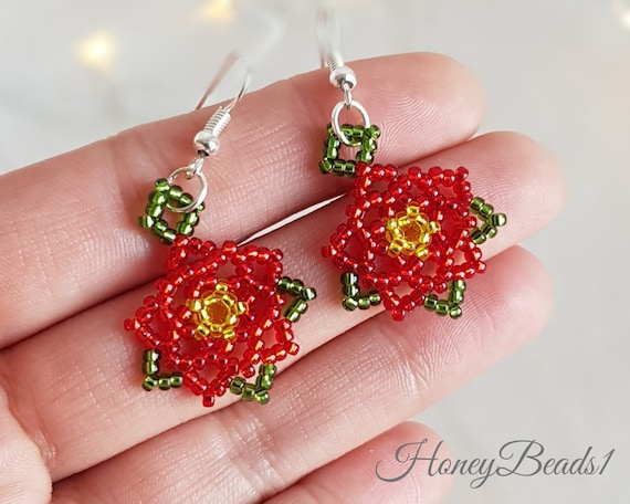 Poinsettia Flower Earrings Christmas Jewelry Beaded Flower