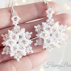 Snowflake earrings, Beading Pattern, Christmas Jewelry, Swarovski bicones, 'Let it Snowflake' Earrings, Beading Tutorial, by HoneyBeads1 image 1