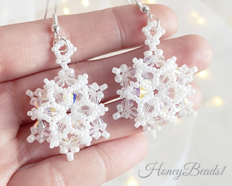 Snowflake earrings, Beading Pattern, Christmas Jewelry, Swarovski bicones, 'Let it Snowflake' Earrings, Beading Tutorial, by HoneyBeads1 image 1