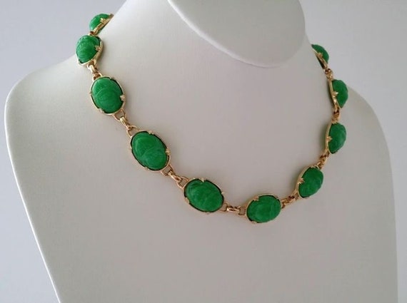 Vintage Green Resin Egyptian Revival Scarab Neckl… - image 3