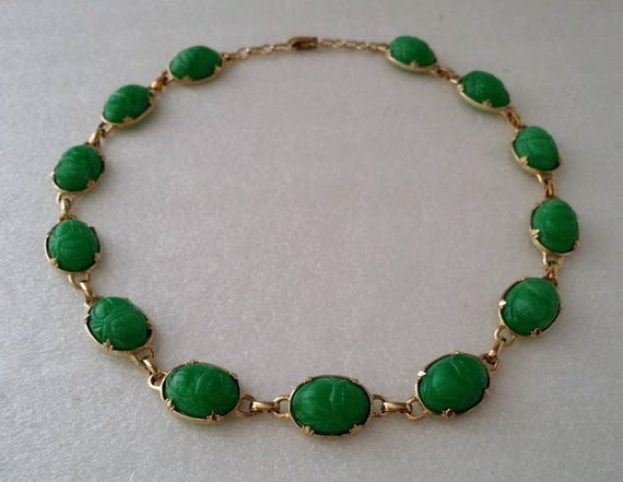 Vintage Green Resin Egyptian Revival Scarab Neckl… - image 5