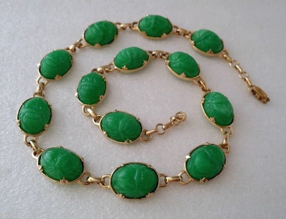 Vintage Green Resin Egyptian Revival Scarab Neckl… - image 7