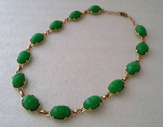 Vintage Green Resin Egyptian Revival Scarab Neckl… - image 4